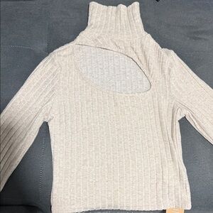 SHEIN Cream Ribbed Cutout Turtleneck Sweater